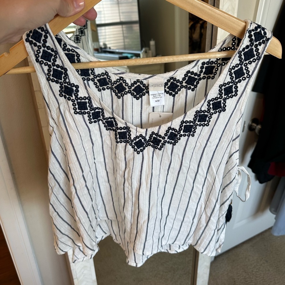 L*Space NWT Navy and White Striped Tank Top with‎ Tassel Accents